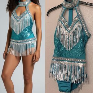 Glamour dance costume teal silver fringe bling rhinestone embellished SA